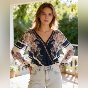 Flying Tomato Boho Floral Faux Wrap V-Neck Blouse Medium